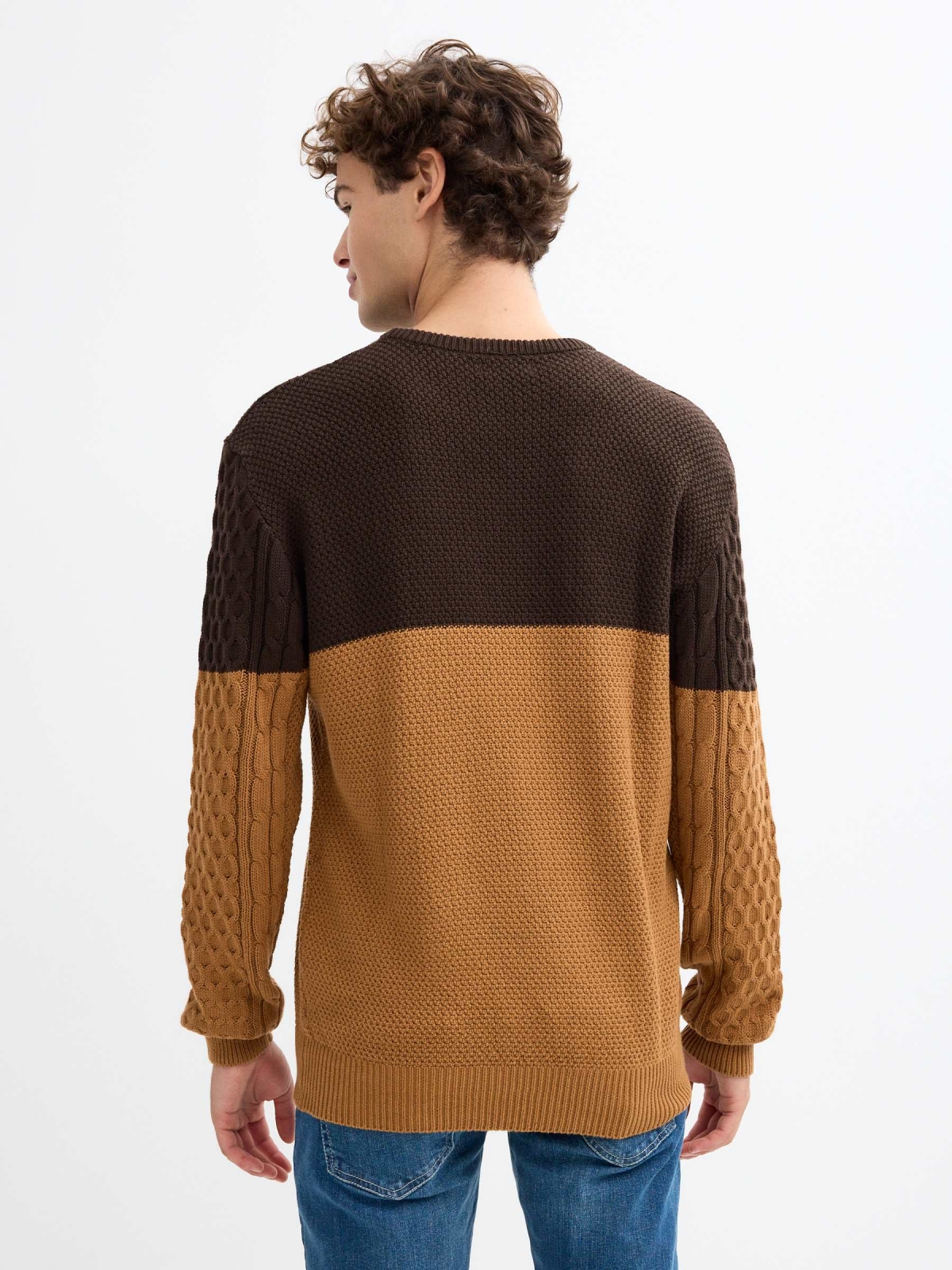 Two-tone cable knit sweater brown middle back view Two-tone cable knit sweater brown middle back view