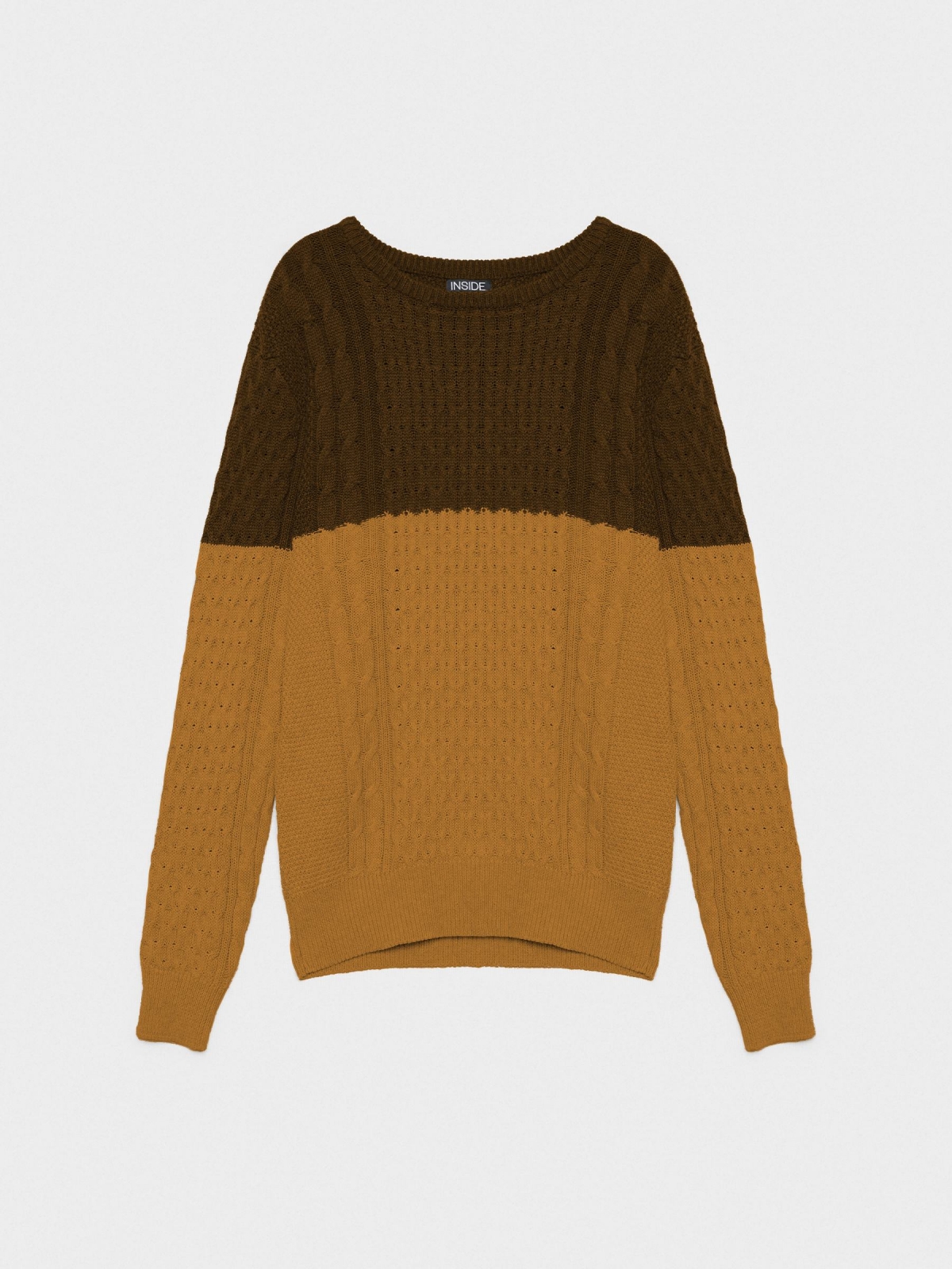 %Pto% Two-tone cable knit sweater brown front view %Pto% Two-tone cable knit sweater brown front view