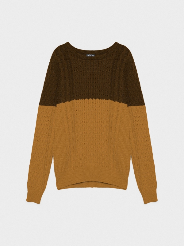 Two-tone cable knit sweater brown front view  Two-tone cable knit sweater brown front view