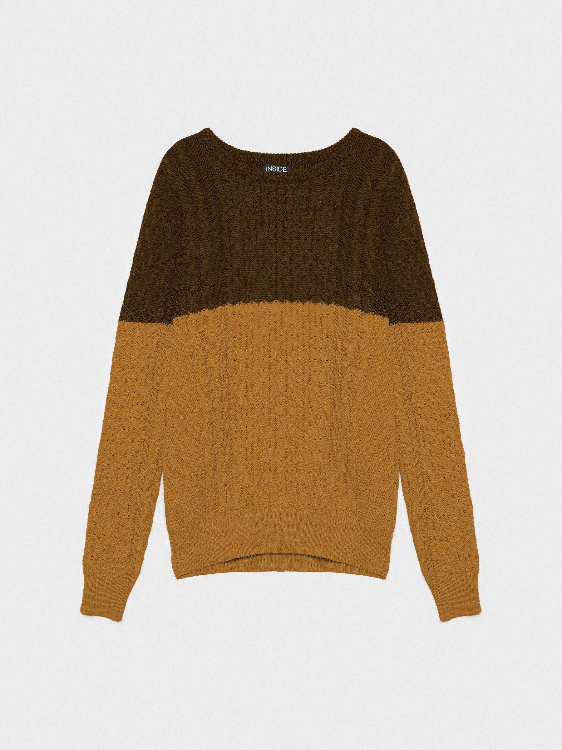 Two-tone cable knit sweater brown middle front view