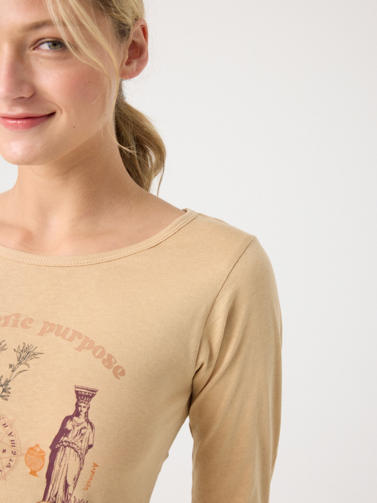 Esoteric print long sleeve t-shirt light brown detail view