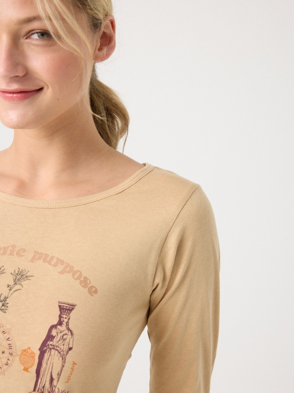 Esoteric print long sleeve t-shirt light brown detail view
