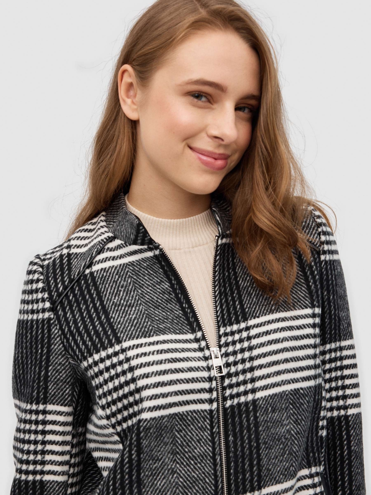 Checked cloth coat black/beige detail view
