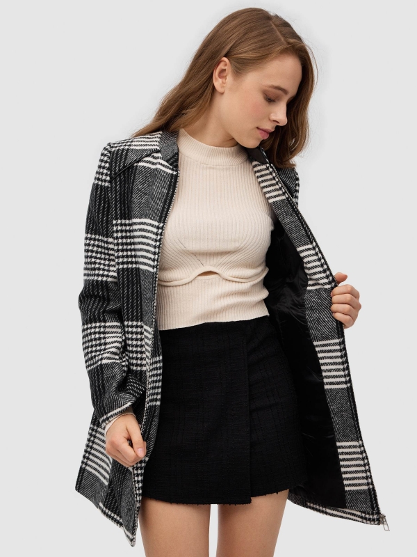 Checked cloth coat black/beige detail view