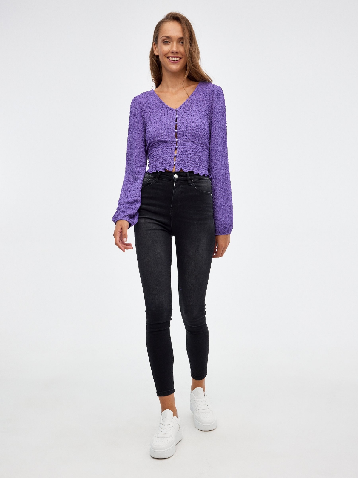 Crop T-shirt with elastic bands purple front view