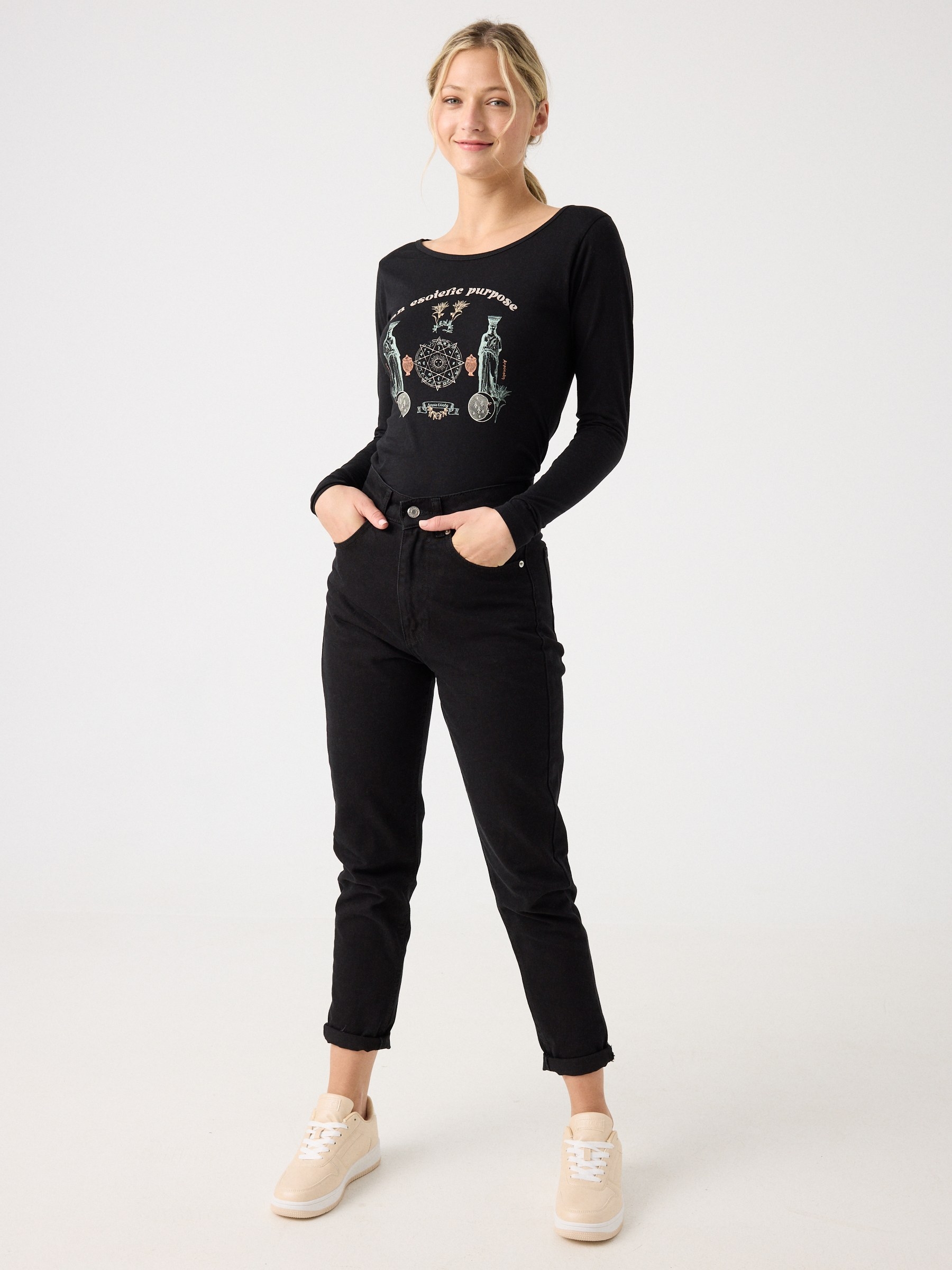 Esoteric print long sleeve t-shirt black middle front view