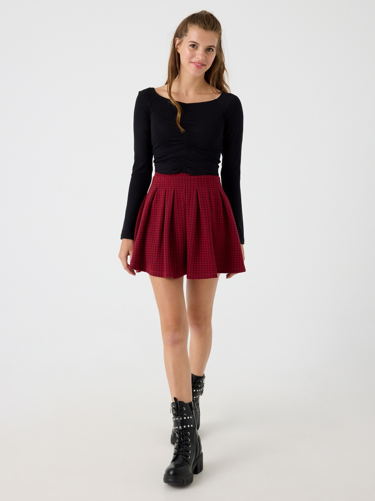 Houndstooth flared skirt garnet front view