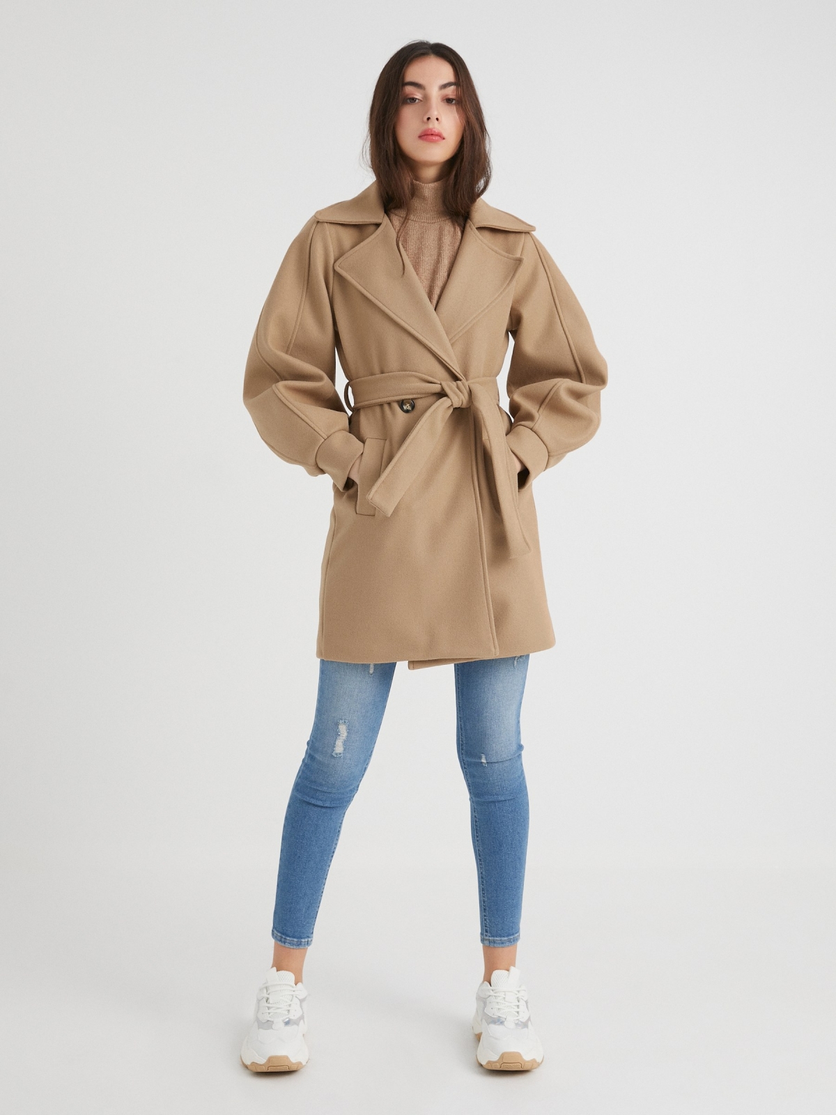 Lapel double-breasted coat ochre