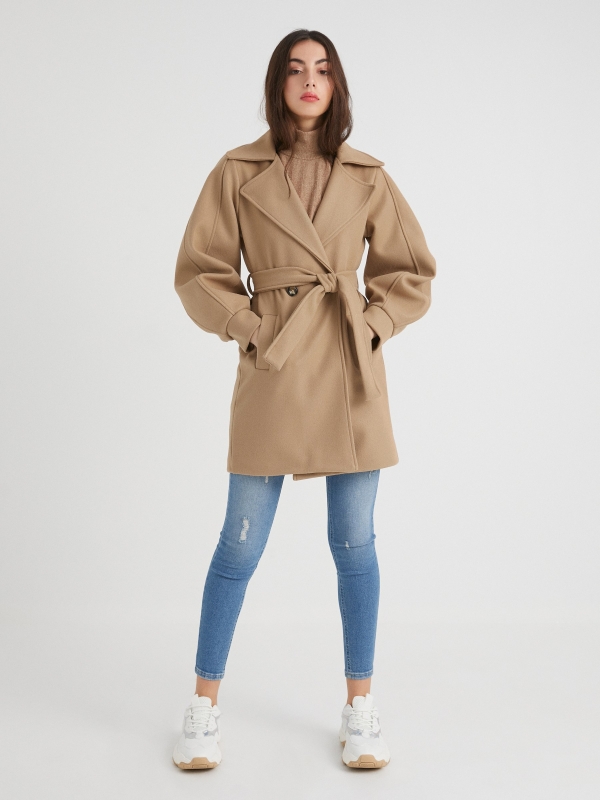 Lapel double-breasted coat ochre