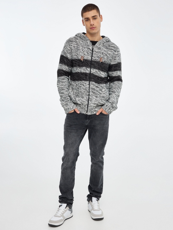 Knitted jacket with zipper grey front view