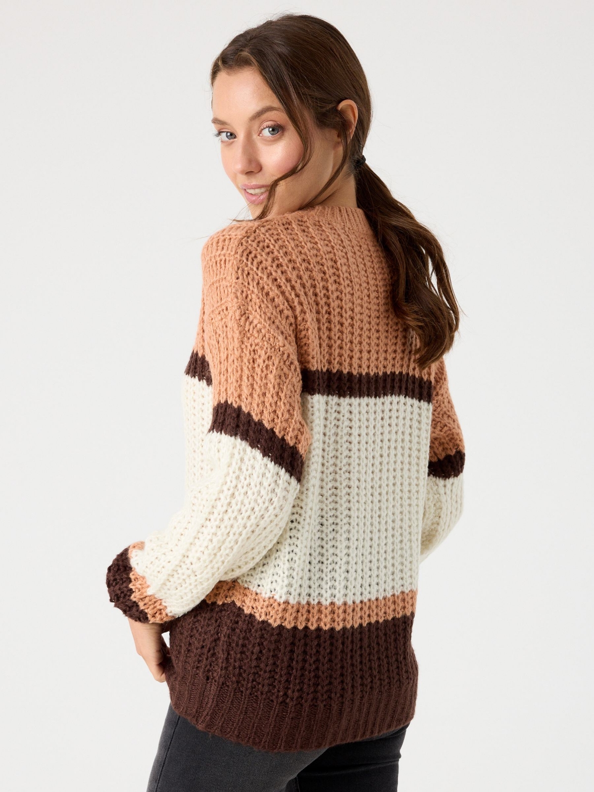 Chunky knit sweater with stripes dark brown middle back view
