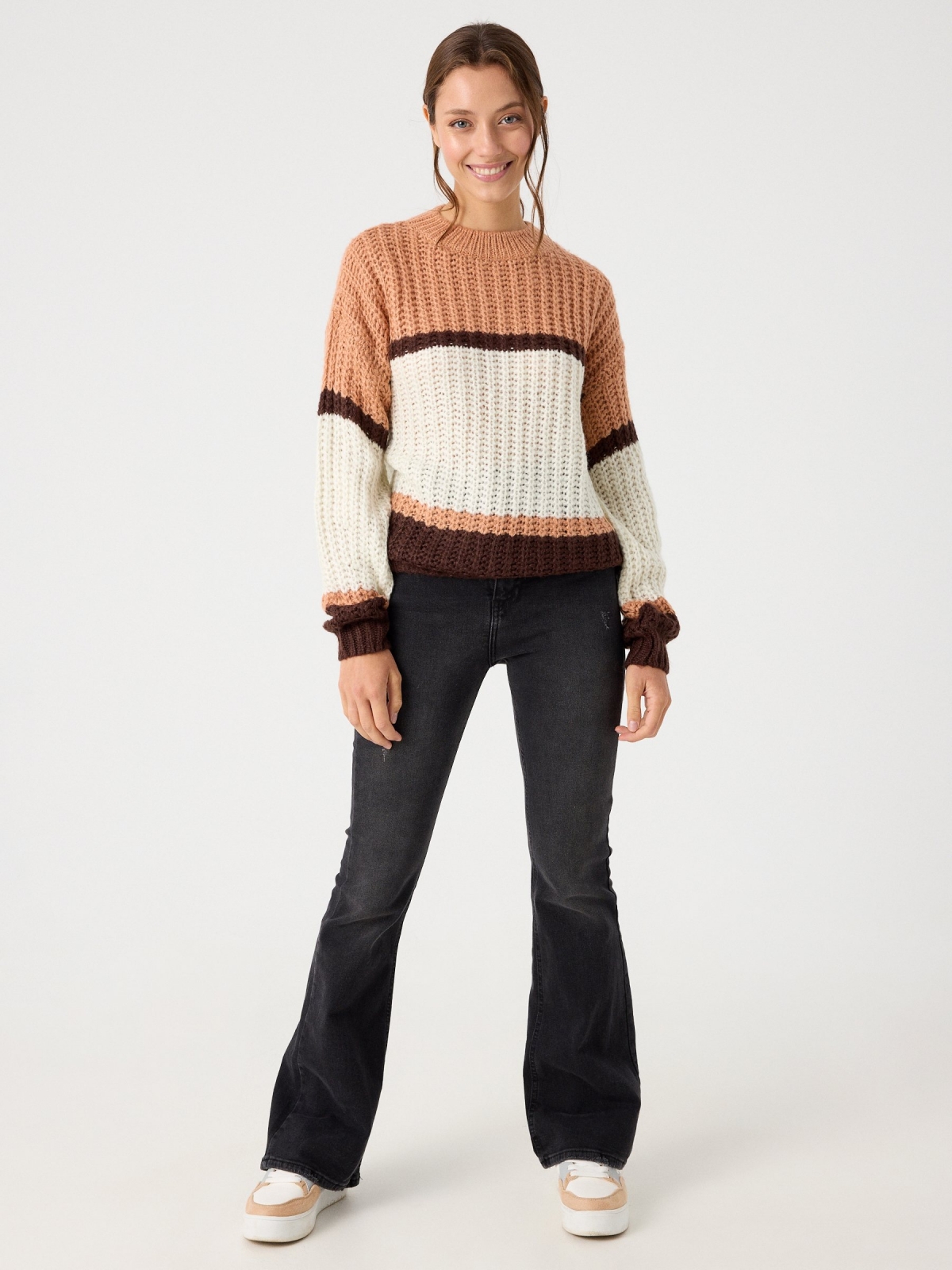 Chunky knit sweater with stripes dark brown front view