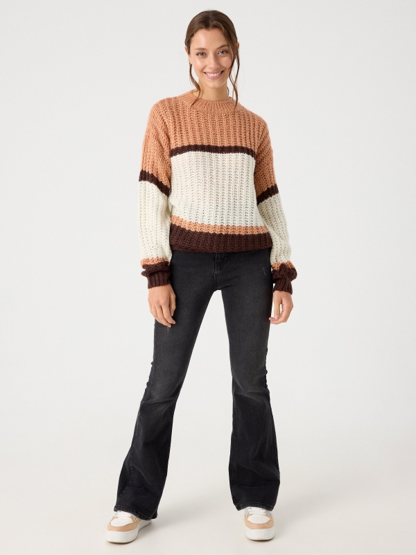 Chunky knit sweater with stripes dark brown front view