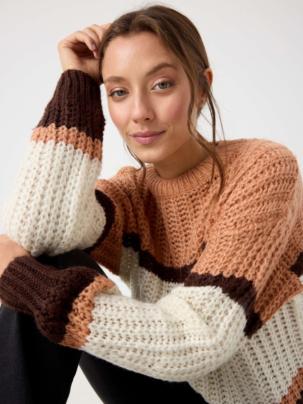 Chunky knit sweater with stripes dark brown detail view