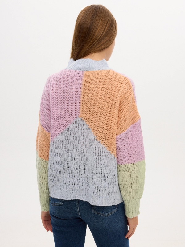 Color block turtleneck sweater peach middle back view