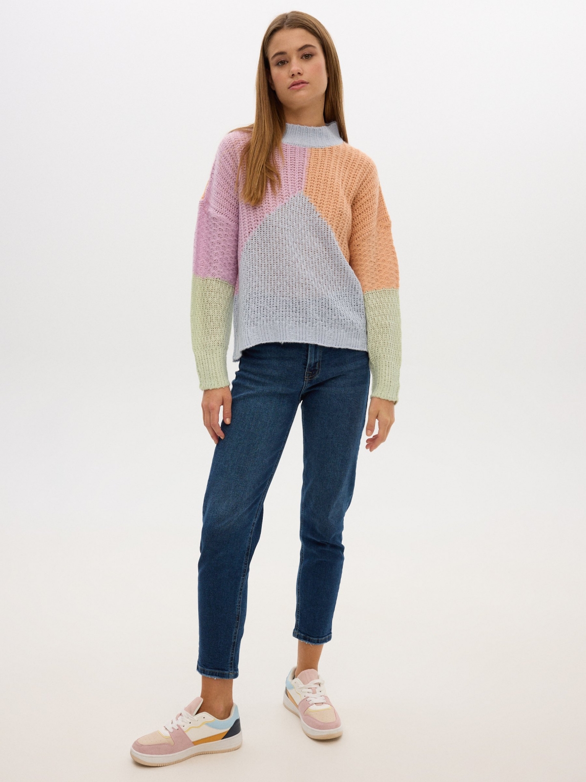 Color block turtleneck sweater peach front view
