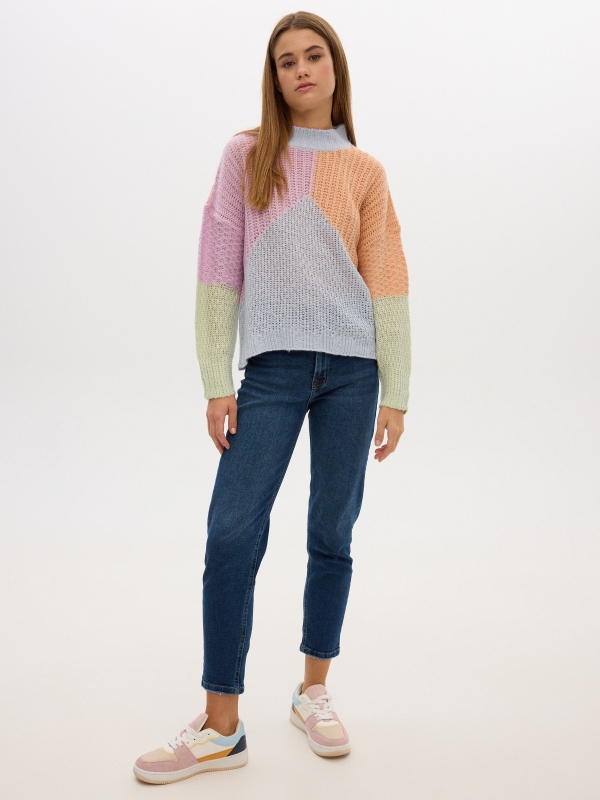 Color block turtleneck sweater peach front view