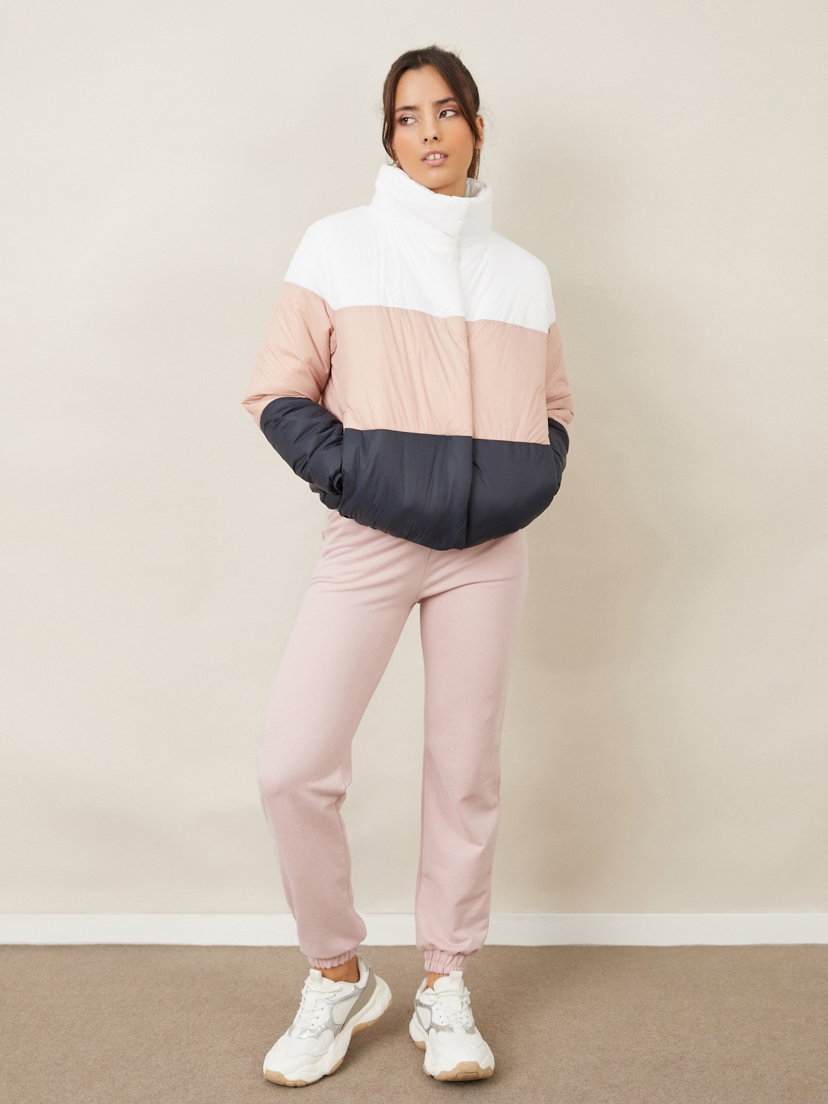 Quilted jacket with combined panels off white