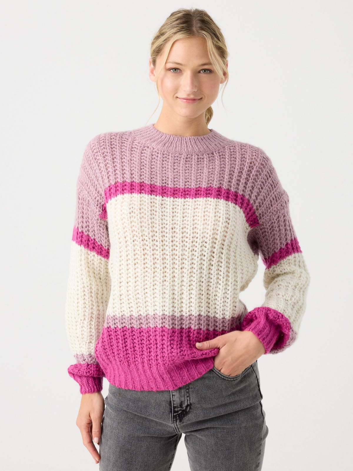 Jersey punto grueso rayas fucsia vista media frontal