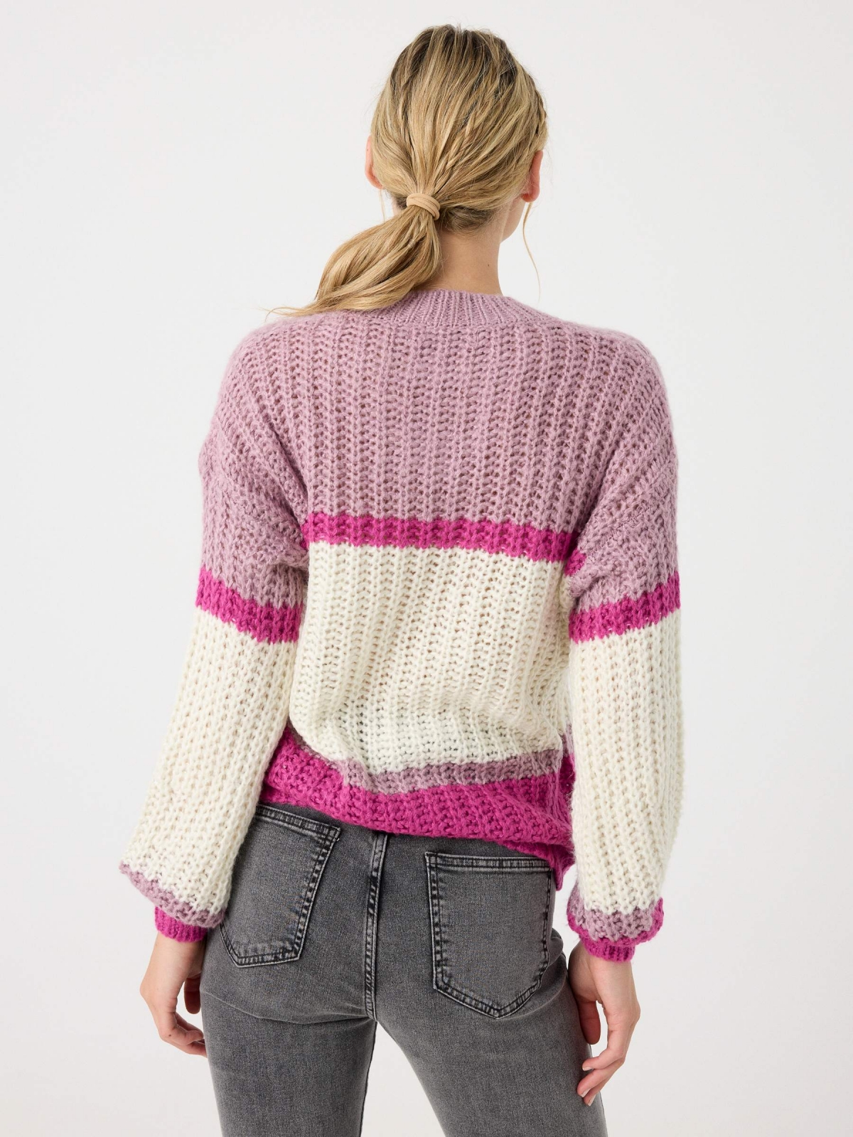 Chunky knit sweater with stripes fuchsia middle back view
