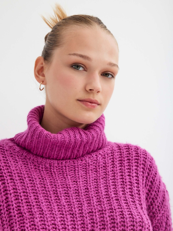 Roll neck knit jumper fuchsia detail view
