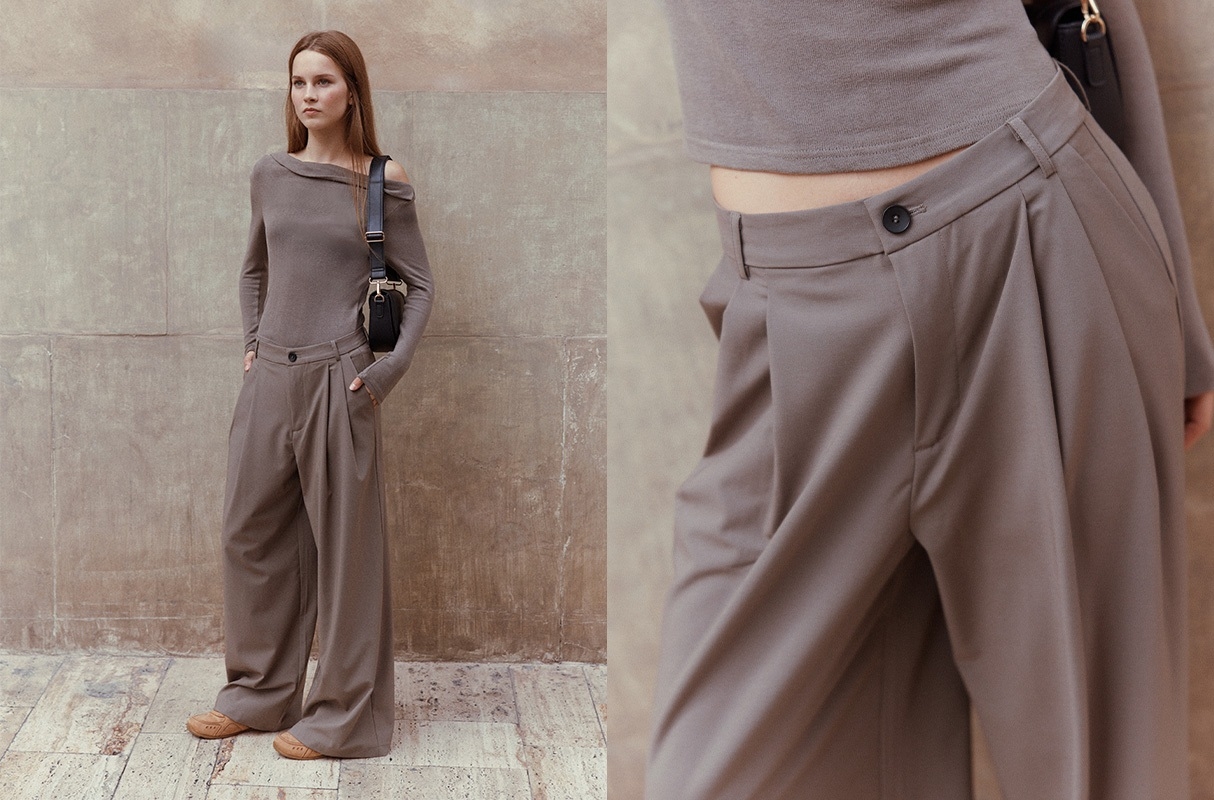 Pleated palazzo pants taupe front view