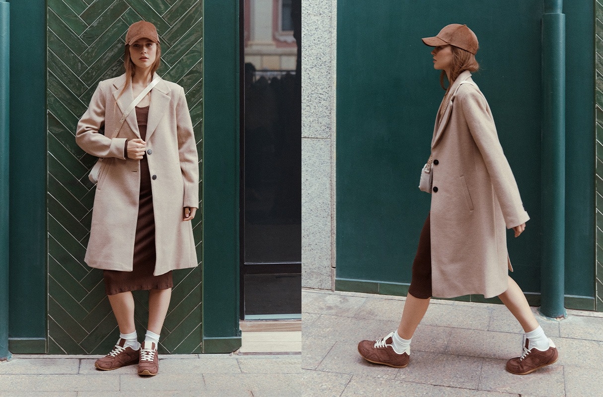 Beige cloth coat sand middle front view