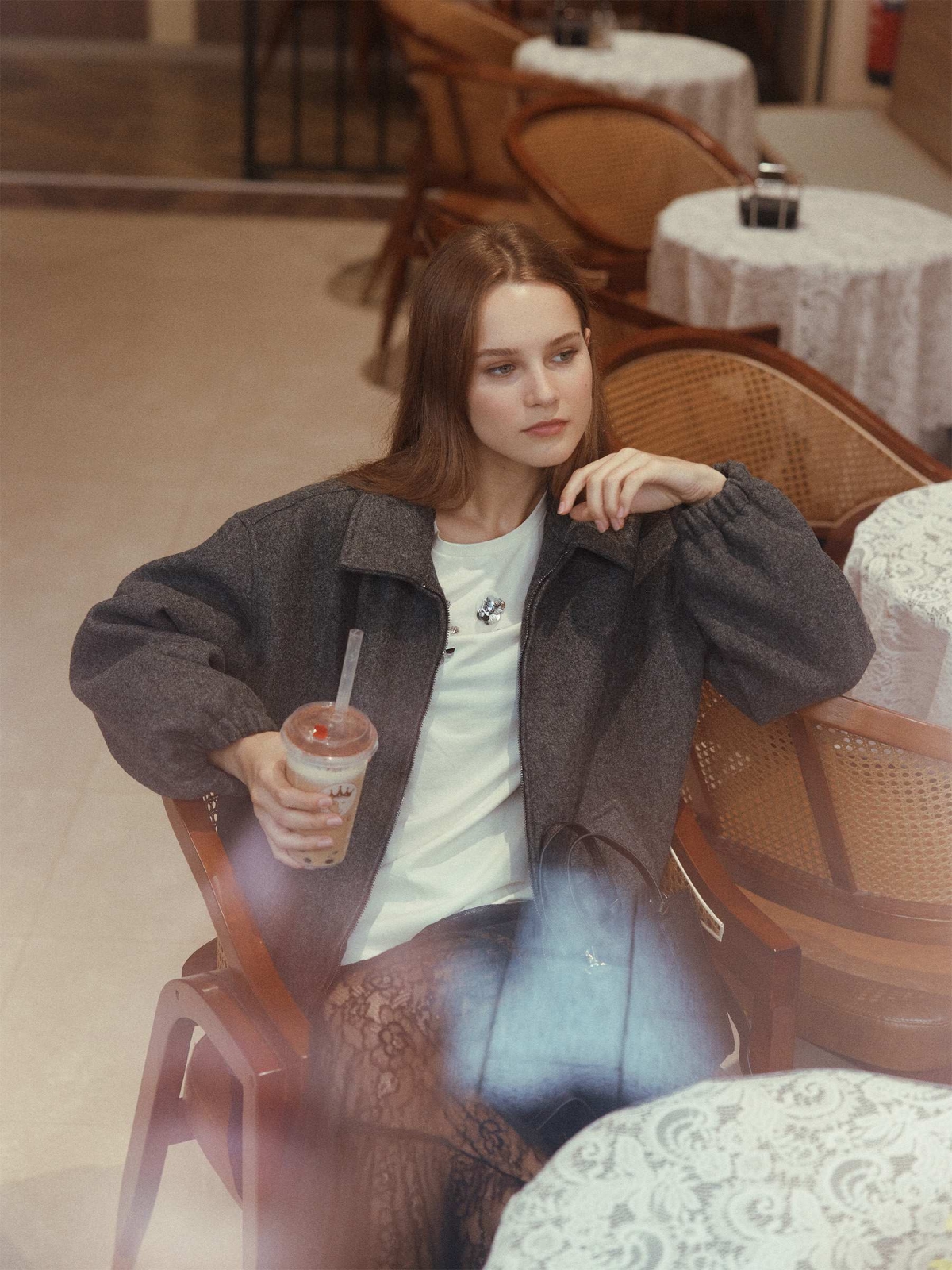 %New% Casaco de tecido cinza cinza escuro