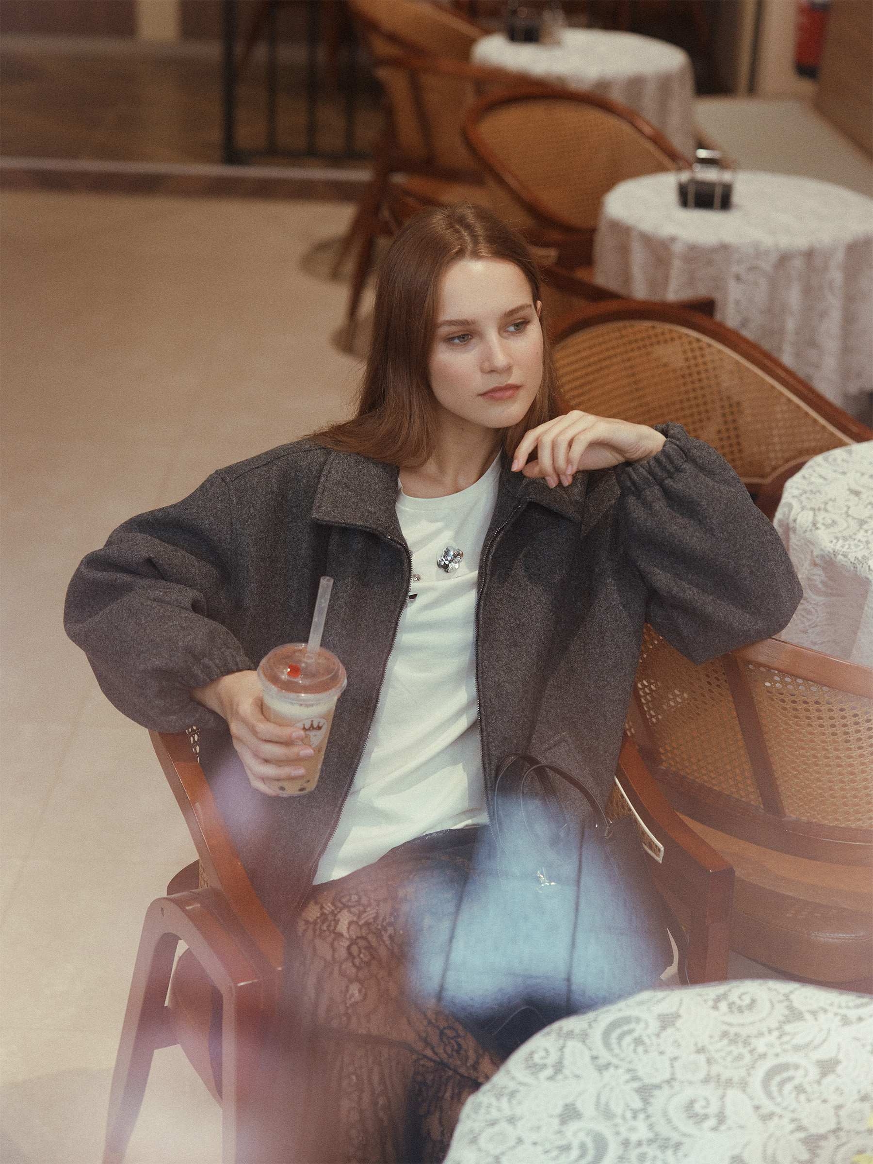 Casaco de tecido cinza cinza escuro vista meia frontal