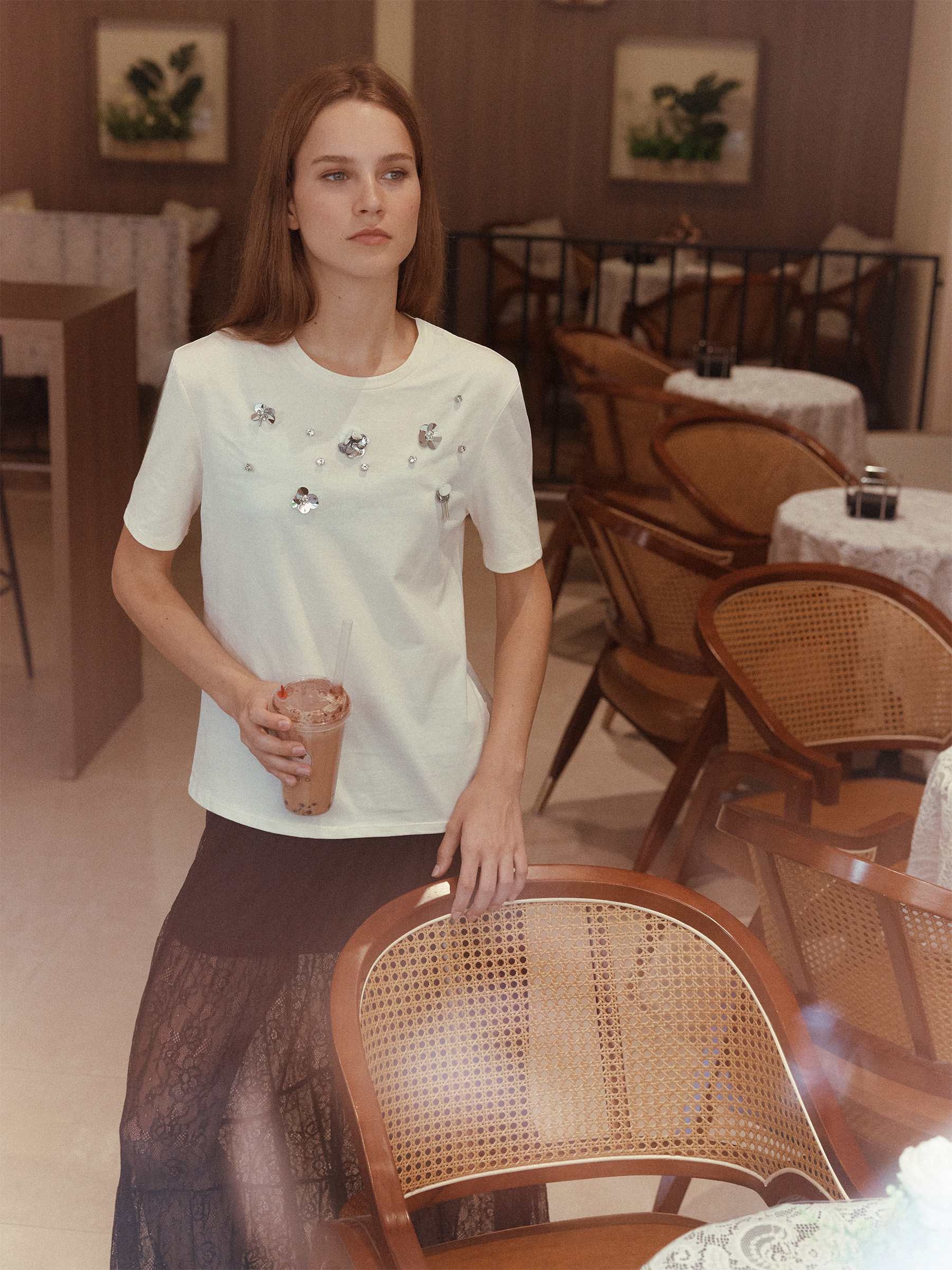 Floral beaded t-shirt raw middle front view