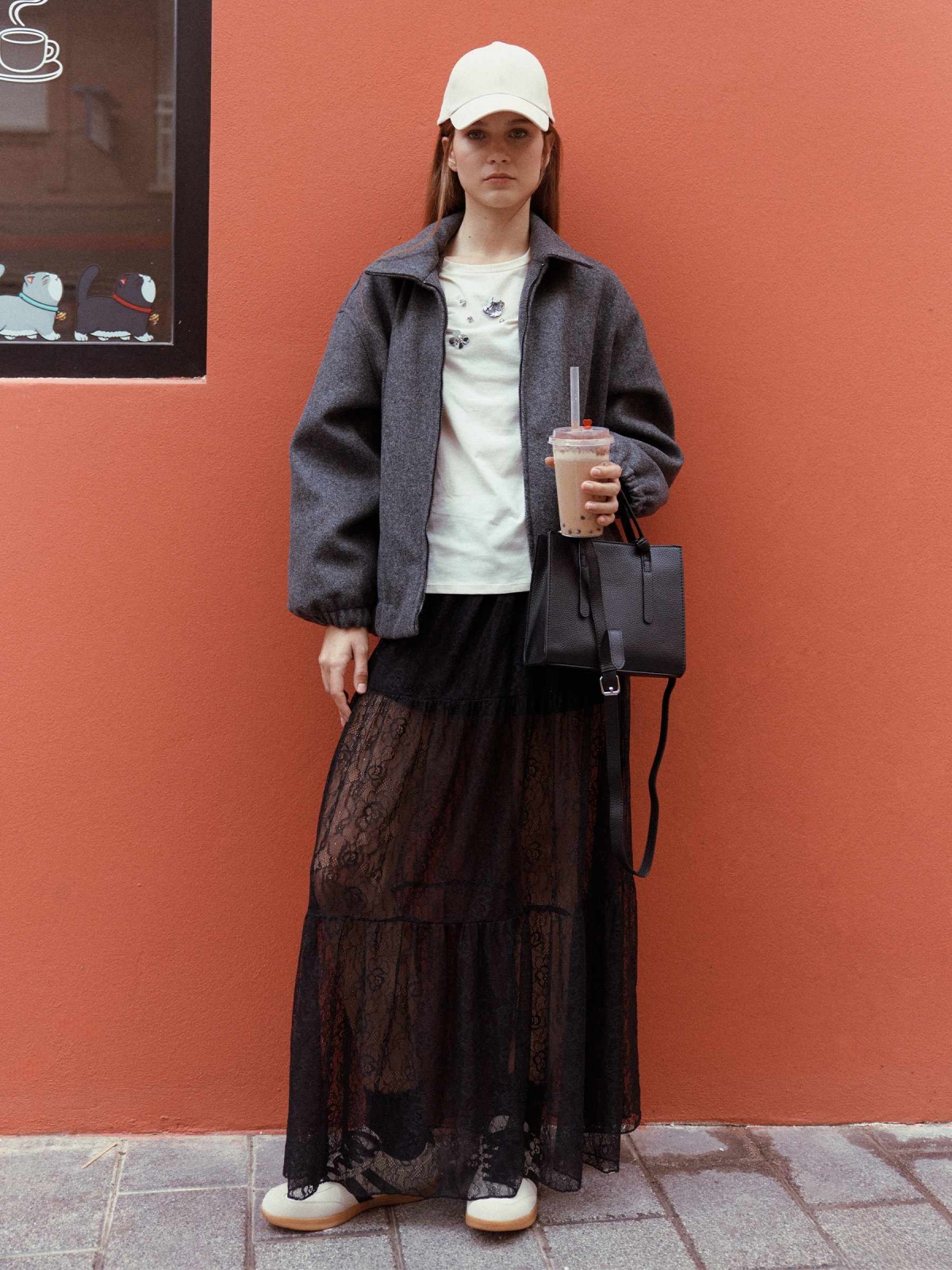 %New% Falda midi de encaje negro