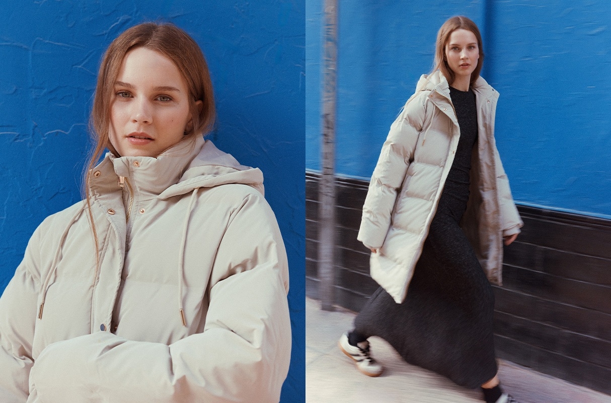 Long padded anorak with hood taupe middle front view