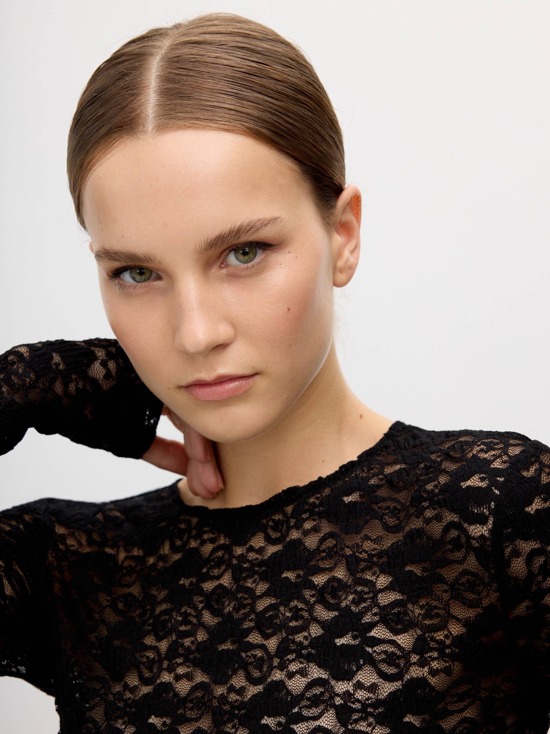 Long sleeve lace top black middle front view