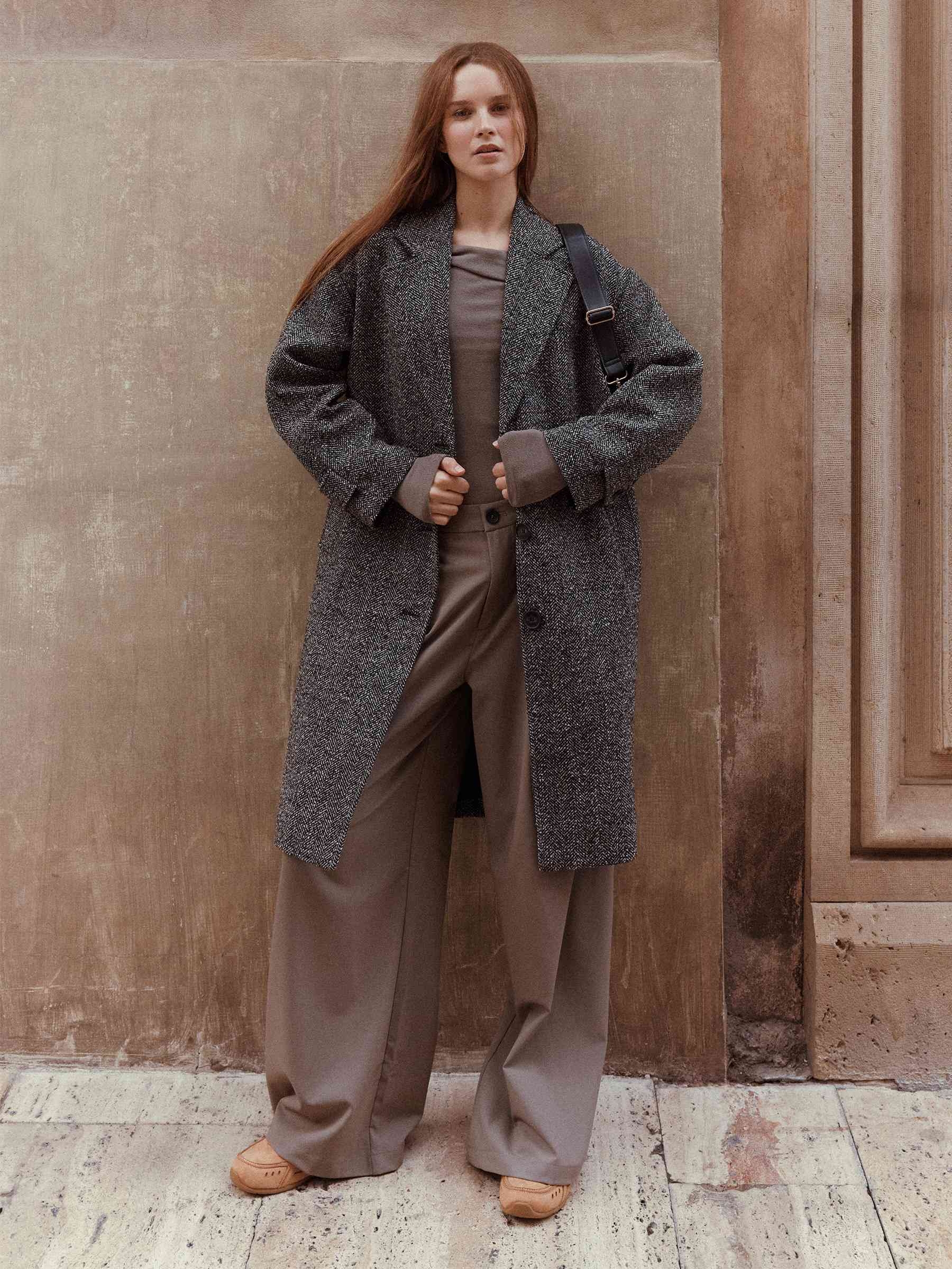 Herringbone coat greyish green middle front view