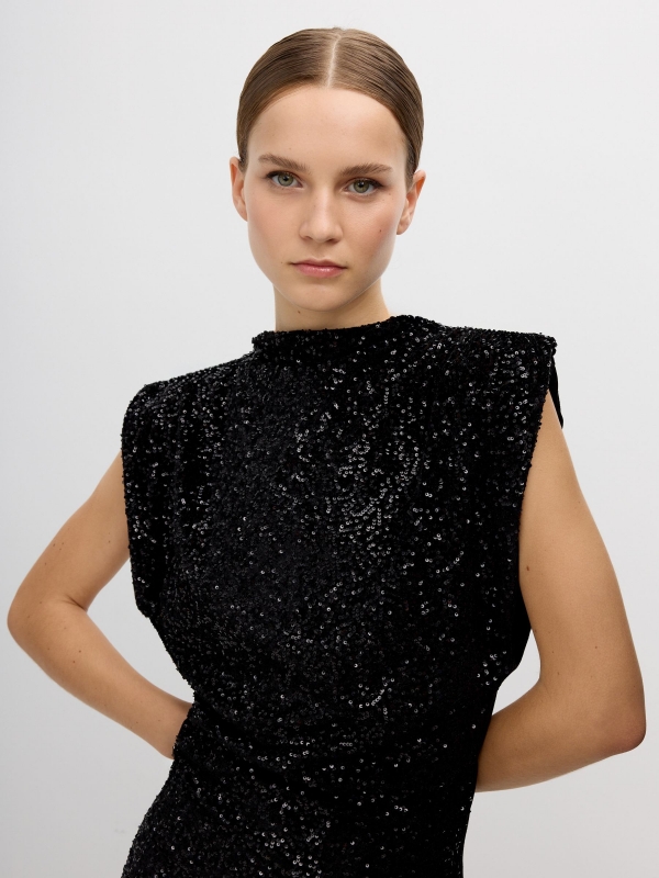 Mini sequin dress with a mock neck black detail view