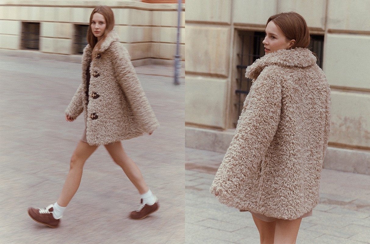 Faux fur jacket light brown middle front view