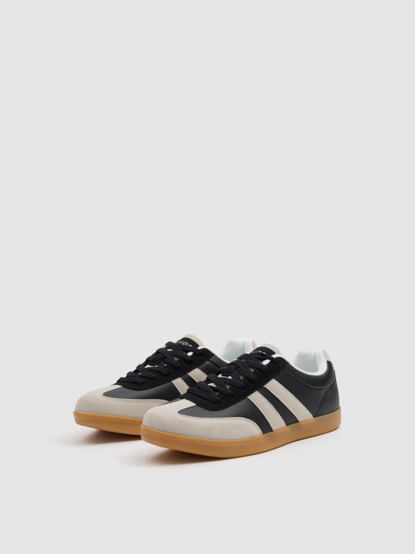 Retro combined faux leather sneaker black 45º front view