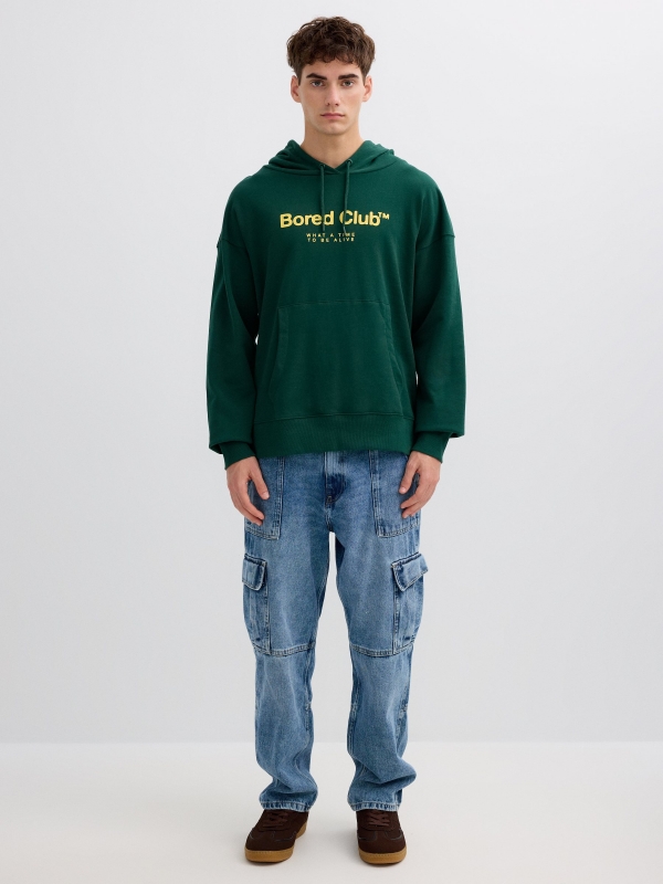 Green hoodie with bored club dark green front view
