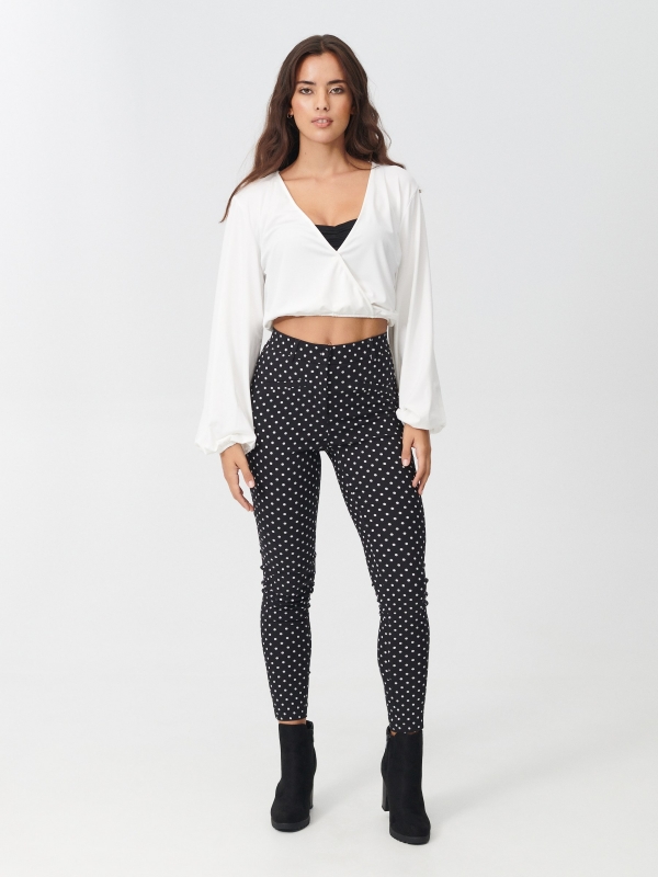 Stretch polka dot print trousers black