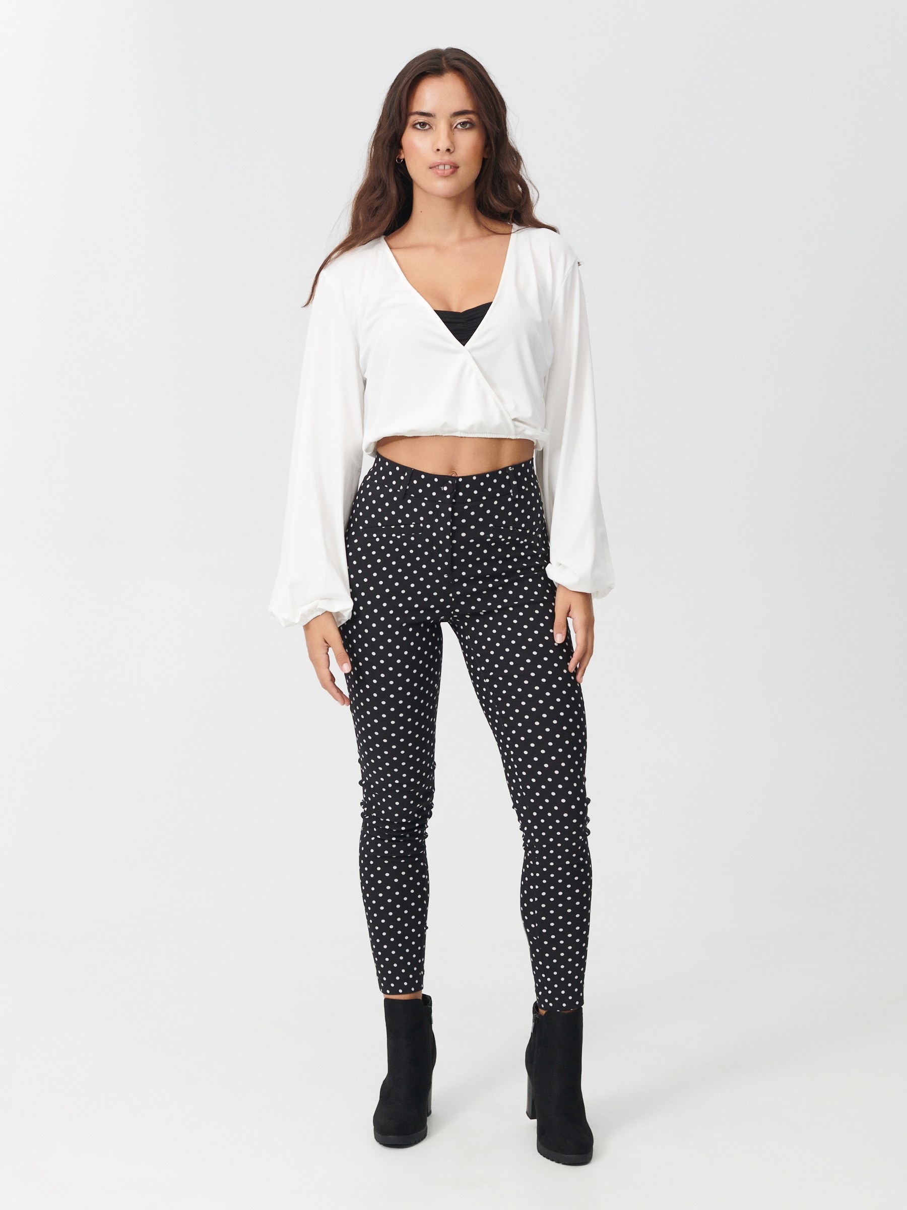 Stretch polka dot print trousers black