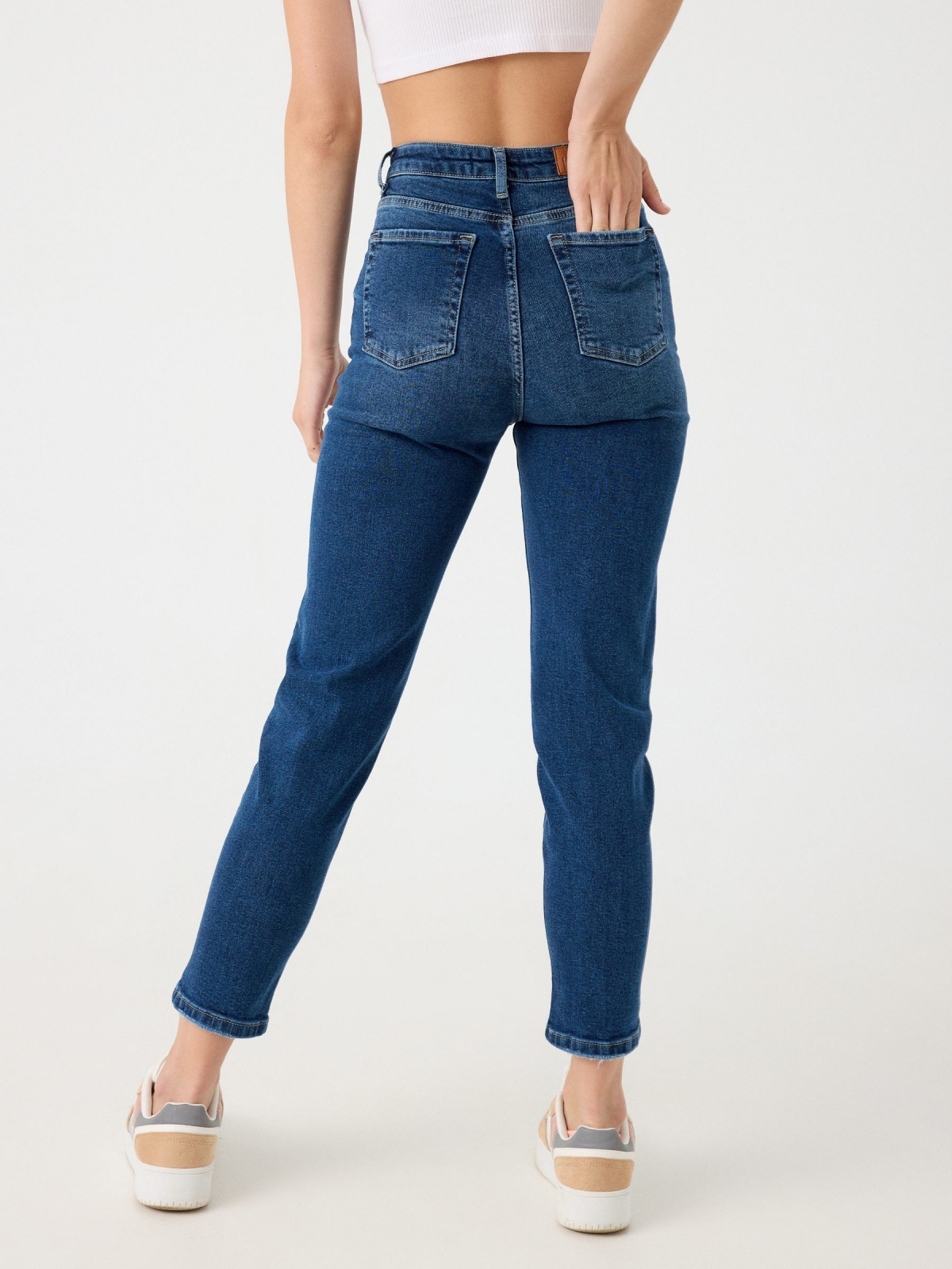 Basic slim fit mom jeans navy middle back view Basic slim fit mom jeans navy middle back view