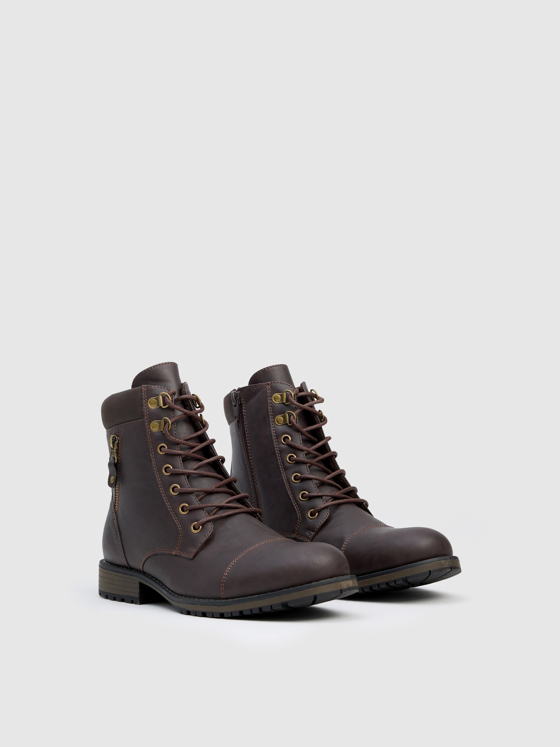 Brown military boot with zipper detail earth brown