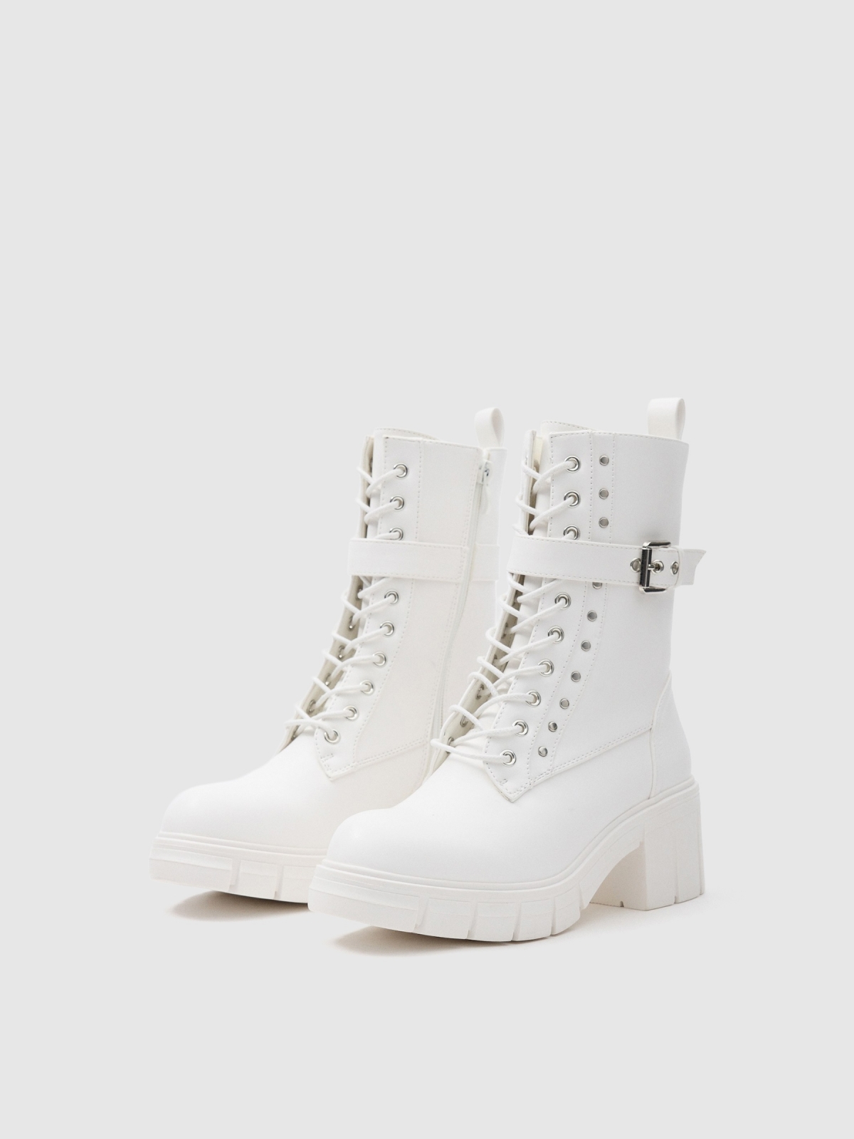 Ankle boots with buckle and studs white 45º front view