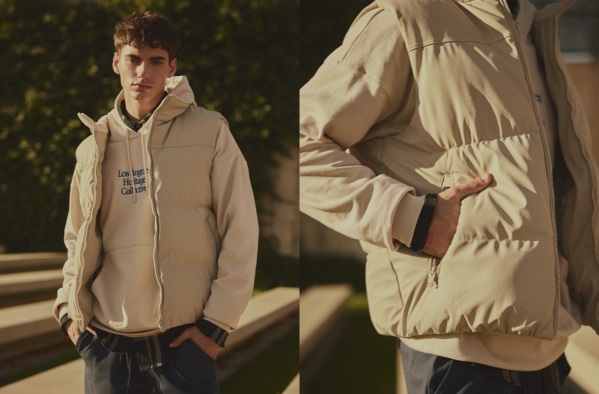 Beige padded nylon vest raw middle front view