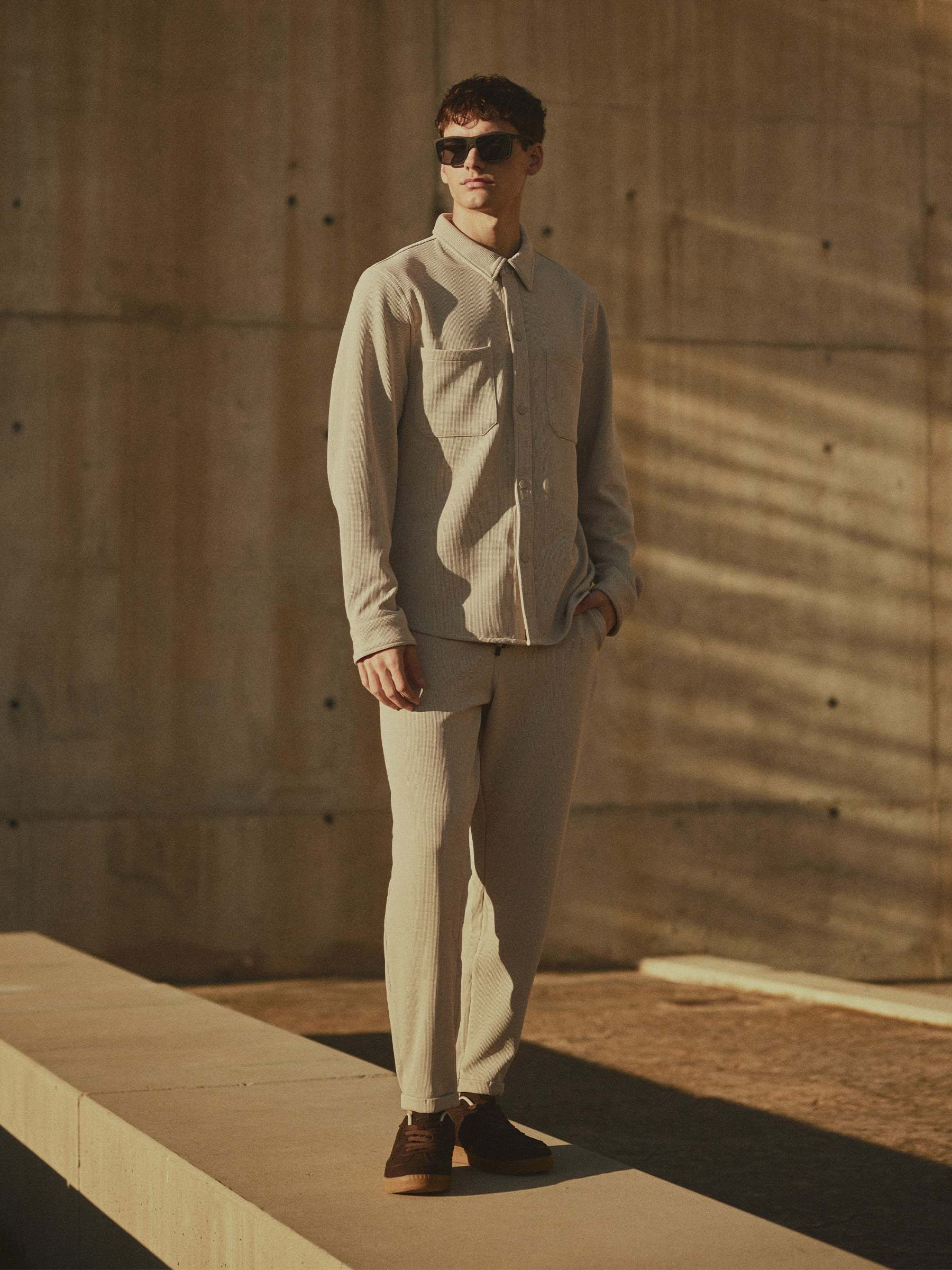 Beige fleece sports jogger raw front view