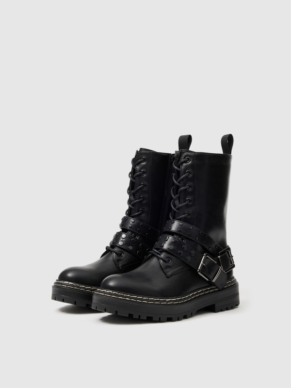 Ankle boot with studded straps black 45º front view