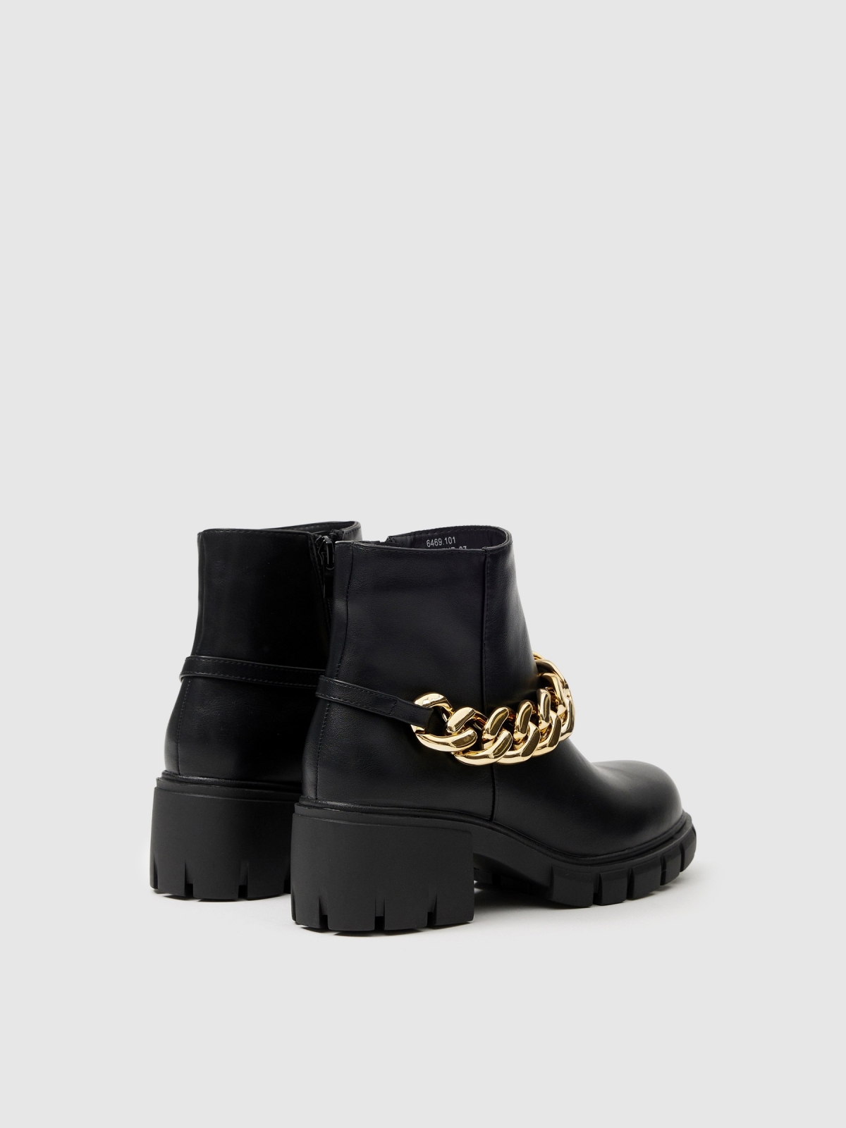 Golden chain high heel ankle boot black 45º back view