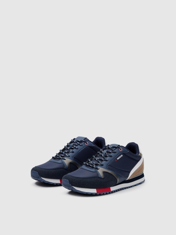Combined nylon casual sneakers navy 45º front view