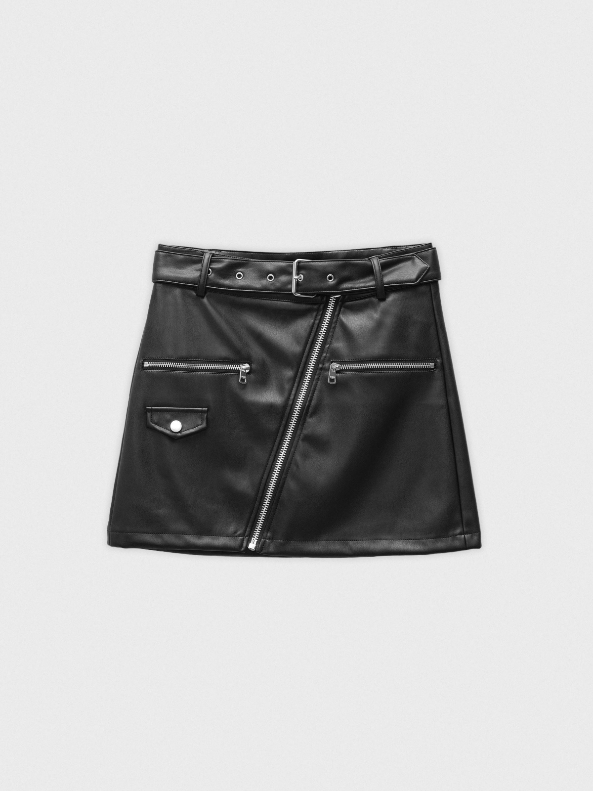 %Pto% Faux leather skirt with buckle belt black front view