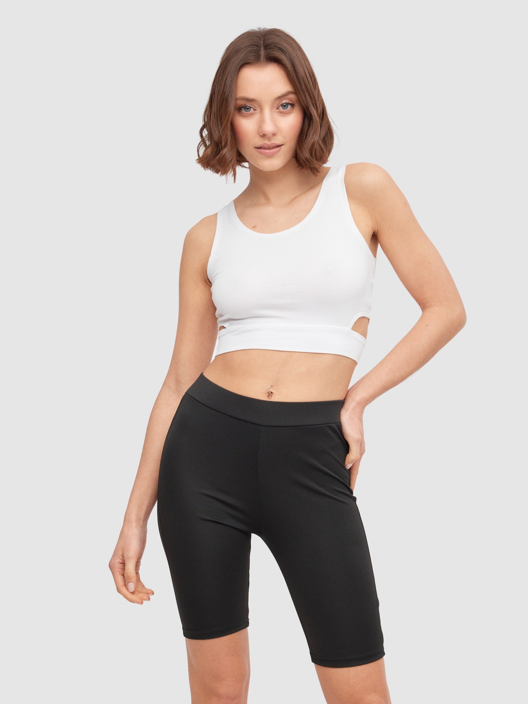 Leggings ciclista cintura alta preto vista geral frontal